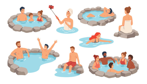 Happy people relaxing in hot springs geothermal pools taking selfies swimming and enjoying thermal bath vector illustrations set