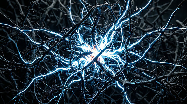 Glowing blue electric neural network structure with electricity lightning abstract connected branching connection electric