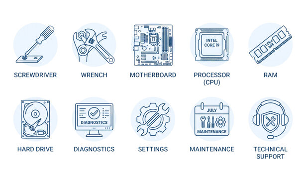 Computer Repair And Maintenance Icons Vector Set