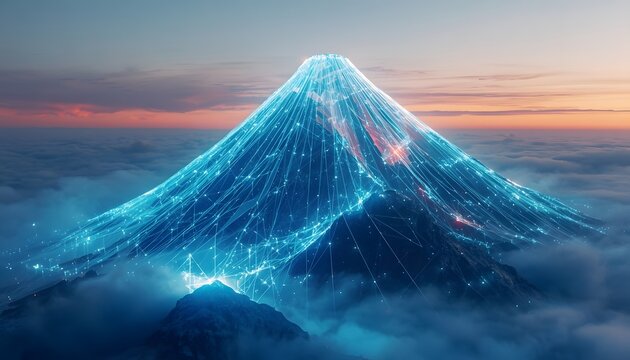 Futuristic mountain peak surrounded by glowing data network connections above a sea of clouds at sunset for a high tech digital transformation concept