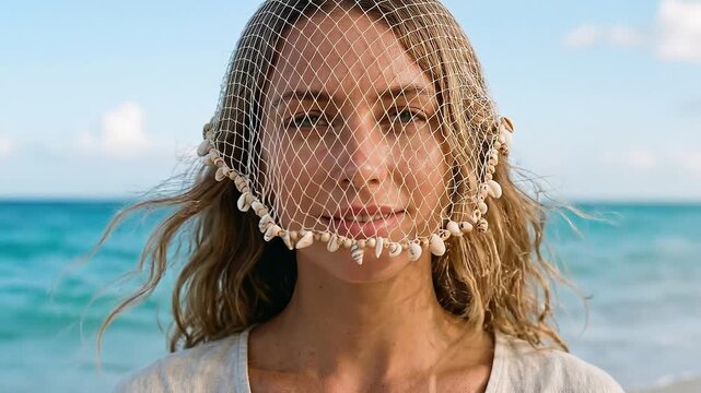 Slow tracking shot of woman on beach wearing mesh net of shells over face gently looking toward camera on sunlit shoreline during daytime portrait