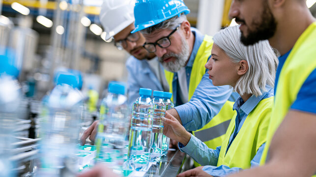 Faceless quality assurance inspector explaining defect classification standards to production line team using sample products on inspection table in manufacturing facility, QA