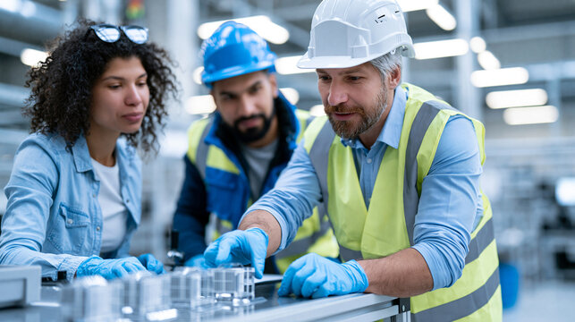 Faceless quality assurance inspector explaining defect classification standards to production line team using sample products on inspection table in manufacturing facility, QA