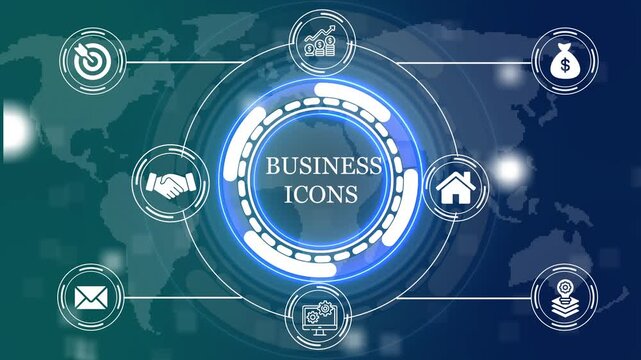 Digital business hud interface with global network connectivity and corporate strategy infographic animation