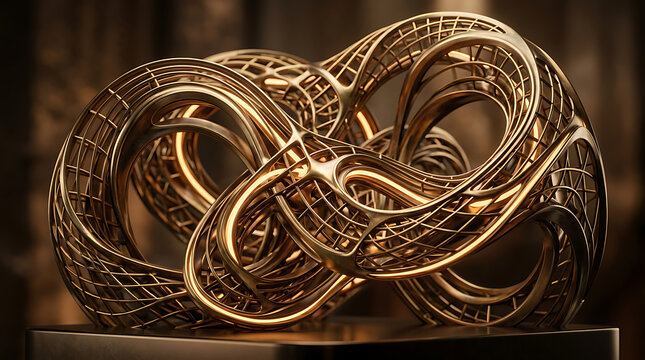 Intricate golden metallic infinity sculpture with sculpture metallic infinity interwoven abstract geometric continuous precious structure prestige textured
