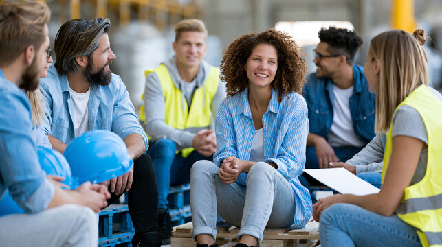Faceless female logistics coordinator leading end-of-shift debrief with diverse team of warehouse associates seated on stacked pallets in casual but structured discussion, team