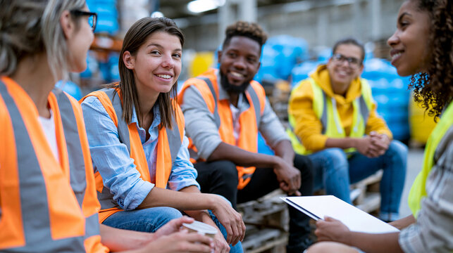 Faceless female logistics coordinator leading end-of-shift debrief with diverse team of warehouse associates seated on stacked pallets in casual but structured discussion, team