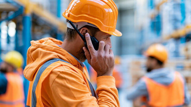 Faceless cross-docking team supervisor coordinating inbound and outbound flow simultaneously using walkie-talkie while team handles pallets in busy transfer hub, logistics