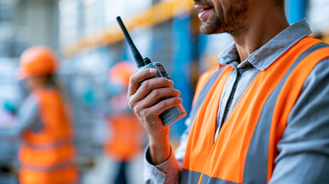Faceless cross-docking team supervisor coordinating inbound and outbound flow simultaneously using walkie-talkie while team handles pallets in busy transfer hub, logistics