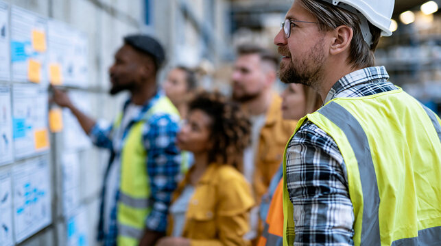Faceless returns processing team leader walking diverse group through new reverse logistics workflow using physical product samples and workflow chart on wall, reverse logistics