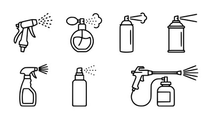 Obraz premium Spray bottle and pressure nozzle line icon set featuring aerosol cans perfume atomizers garden hoses and industrial paint sprayers vector symbols