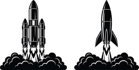Vintage Style Rocket Launch Silhouette Set with Spaceships Blasting Off into Orbit for Retro Sci Fi Graphics and Tech Startup Success Branding Designs © BijoyChandra