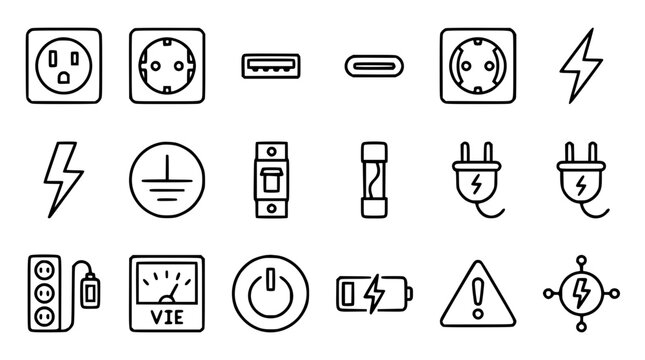Electricity icon set with power outlet plug usb type c battery grounding fuse circuit breaker and lightning symbols
