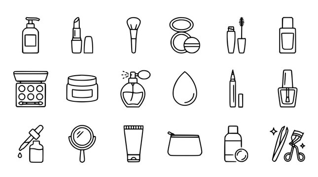 Cosmetics and makeup product line icon set featuring lipstick brush eyeshadow palette perfume bottle nail polish and beauty accessories vector symbols