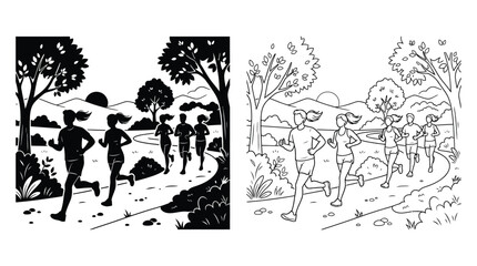 Fototapeta premium Group of runners in a park black and white line illustration