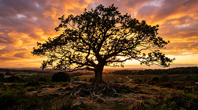 Old oak tree silhouette during a golden hour sunset with silhouette landscape sunlight branches environment tranquil