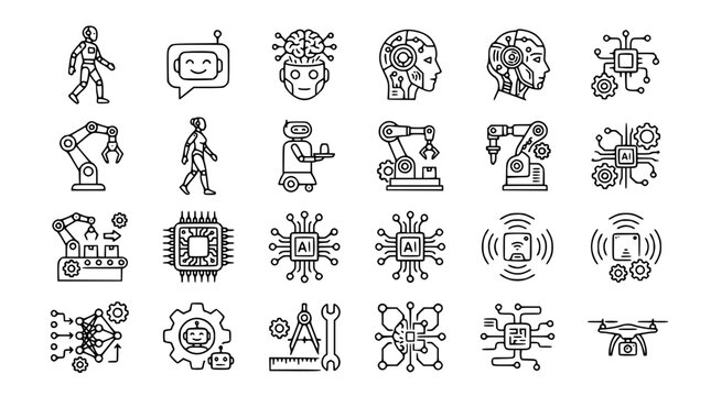  Artificial intelligence and robotics line icon set featuring smart robots automated factory arms microchips cyborg brains and drone technology