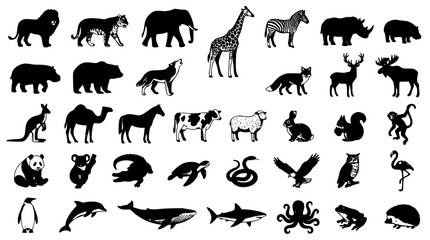 Wild animals birds reptiles and marine sea life silhouette collection featuring safari zoo and domestic farm livestock vector icons © Mohammad