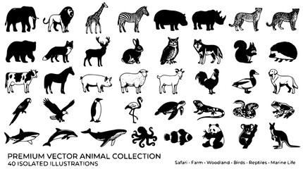 Comprehensive wild animal safari wildlife and domestic farm livestock silhouette collection with marine life and bird vector icons © Mohammad