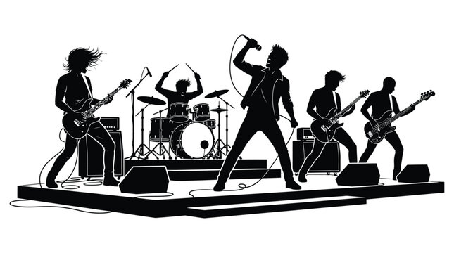 Rock Band Silhouette On Stage Black And White Vector Illustration