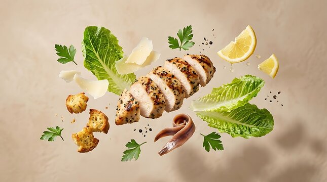 Caesar salad ingredients including chicken breast, romaine lettuce, croutons, and parmesan cheese float in the air.