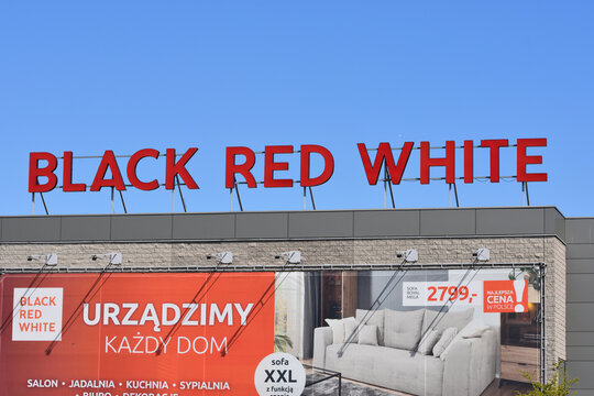 Black Red White furniture store with signage, logo on the facade. WARSAW, POLAND - APRIL 18, 2026
