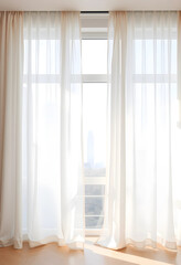 Fototapeta premium Bright interior with flowing white curtains and large windows