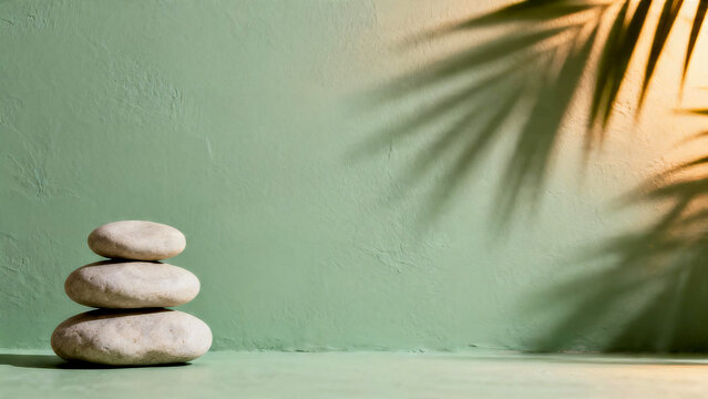 Balanced Zen River Stones with Soft Sage Green Copy Space