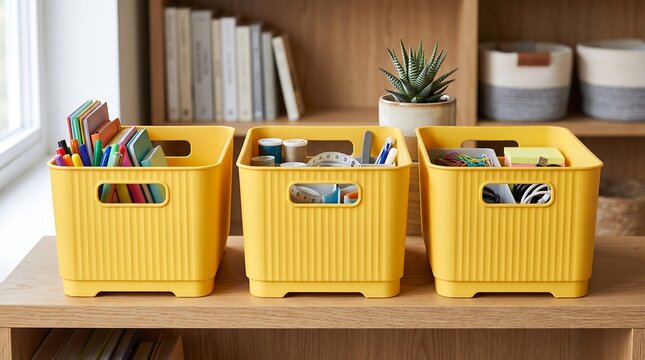 Yellow plastic storage bins for home organization, three mustard colored organizer boxes on wooden shelf, tidy nursery or office storage solution