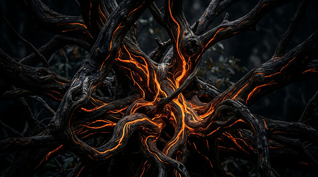 Dark fractal tree branches with glowing lava branches abstract volcanic conceptual patterns background structure