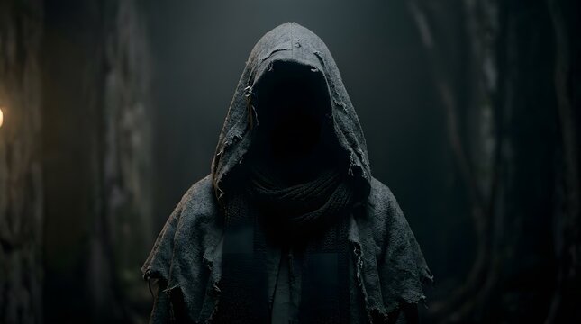 Creepy halloween figure in hood spooky dark portrait for horror themes and october 31st celebrations