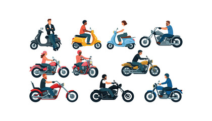 People riding motorcycles and scooters set featuring diverse bikers driving choppers sport bikes moped and cruisers vector illustration © Monzurul
