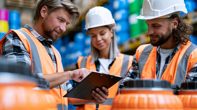 Faceless hazmat-certified warehouse team reviewing chemical handling protocols during mandatory safety refresher session in industrial storage facility, compliance training