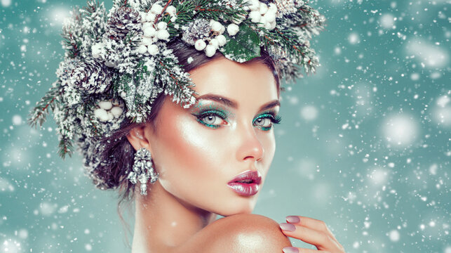 A woman models a festive Christmas beauty look with a snowy evergreen wreath hairstyle.