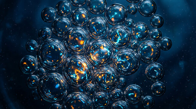 Abstract macro shot of bubbles in dark blue liquid with abstract floating underwater transparent background minimalist
