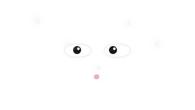 Minimalist 2D animated character face with large expressive oval eyes looking to the right and a small pink mouth, set against a solid bright white background for copy space.