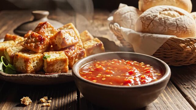 Crispy fried tofu cubes served with a spicy chili dipping sauce and a basket of fresh bread rolls