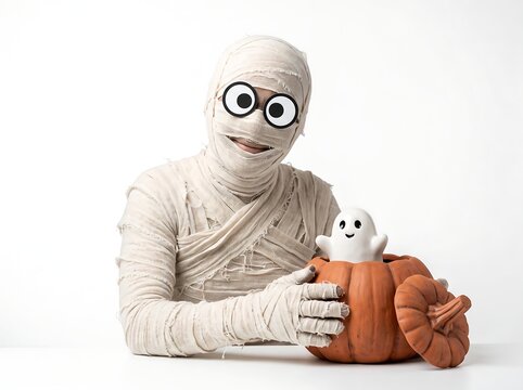 Friendly cartoon mummy holding a carved orange pumpkin jackolantern with a tiny white ghost inside