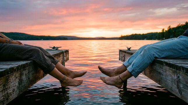 Romantic low-angle view of a couple's legs and bare feet dangling from opposite sides of a wooden dock over a tranquil lake at a vibrant sunset, reflecting orange and pink hues.