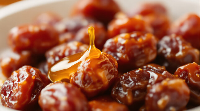 Close-up of dried dates drizzled with golden honey