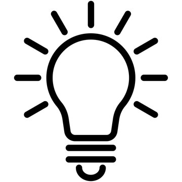 Simple line icon of a glowing light bulb with rays symbolizing a bright idea, inspiration, and creative thinking.