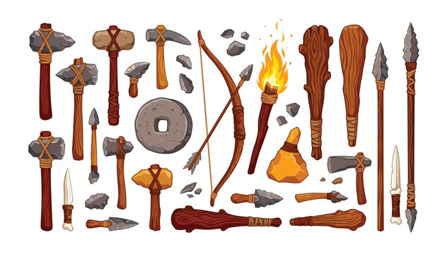 Stone age primitive tools and prehistoric weapons collection set featuring flint axes spears fire torch and wooden clubs