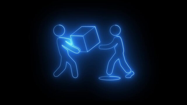Glowing neon delivery person icon isolated on black background, showing package handover to customer, successful shipping, receiving orders, courier service, and e-commerce transactions. 4k video.