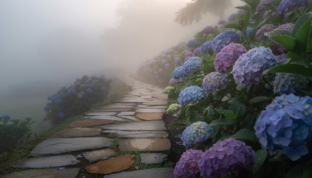 Misty garden path lined with blooming hydrangeas in soft light
