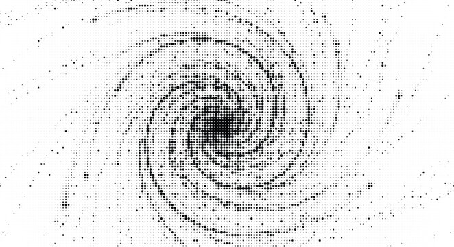 Abstract spiral galaxy halftone pattern black and white background design cosmic vortex element science art digital illustration graphic.