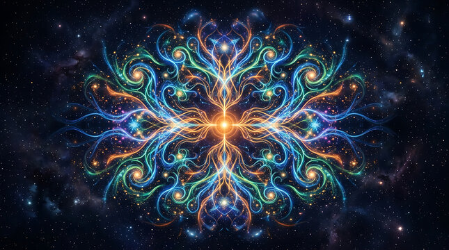 Symmetrical cosmic fractal mandala energy patterns in deep space with symmetry abstract spiritual geometric background colorful ornamental mystical
