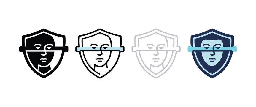 Four shield icons with face and glasses variations