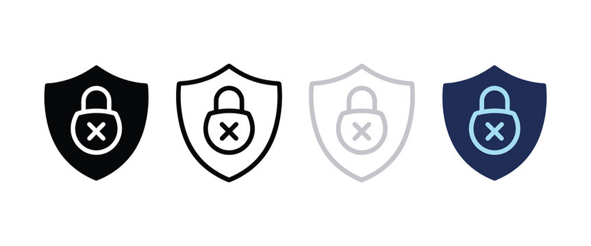 Set of four shield and crossed padlock security icons