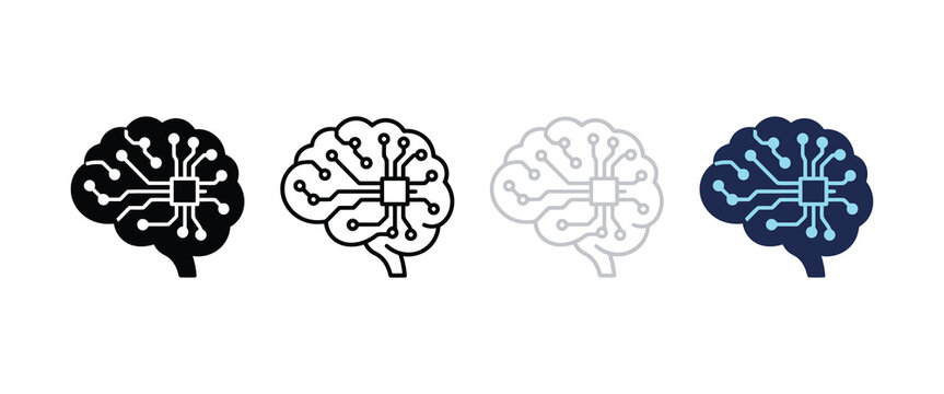 Four digital brain icons with circuit board patterns