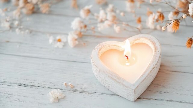 A heart-shaped candle burns gently on a white wooden table. Small flowers surround the candle, creating a simple arrangement. Soft lighting adds warmth to the setup